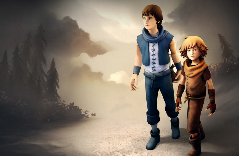 The two brothers from Brothers: A Tale of Two Sons on a misty forest path