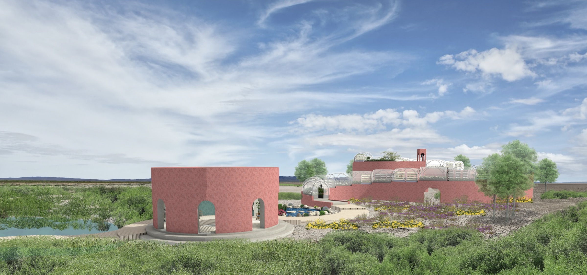 Rendering of The Loop at Fly Ranch — a circular terracotta bathhouse beside greenhouses, a filtration pond and planted desert