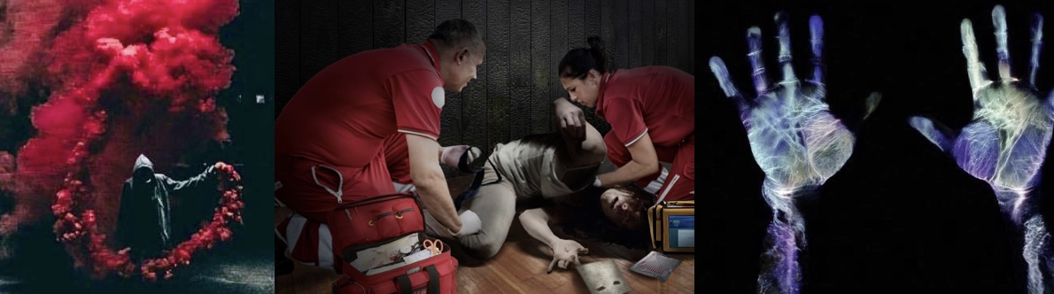 Performers in medical uniforms during the Unknown 9 activation at SXSW